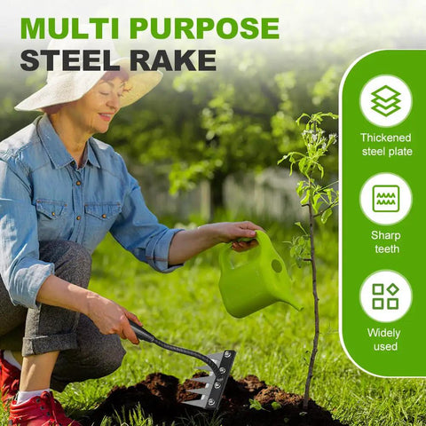Person using Weeding Rake 2.0 Workhorse Garden Weeder Tool With Carbon Steel Teeth for loosening soil near small tree.