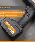 Close-up of Automatic Rebar Tier Gun showing 4400mAh 12.8V battery and safety switch, lightweight 3lb design