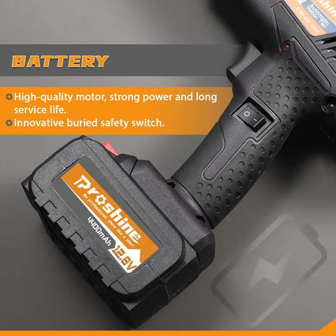 Close-up of Automatic Rebar Tier Gun showing 4400mAh 12.8V battery and safety switch, lightweight 3lb design