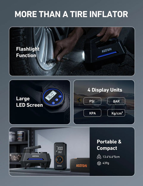 Tire Inflator Portable Air Compressor For Cars With Fast Inflation Digital Pressure Gauge Auto Shut Off LED Light 12V DC Powered 9.8 Ft Cord Great On The Go Car Tire Pump For Home And Roadside Emergencies, compact black unit with LED screen