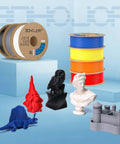 3D printed models and spools showcasing Speedy PLA Filament 1.75mm 1kg Yellow Cardboard Spool For Fast 3D Printing Up To 5X Faster