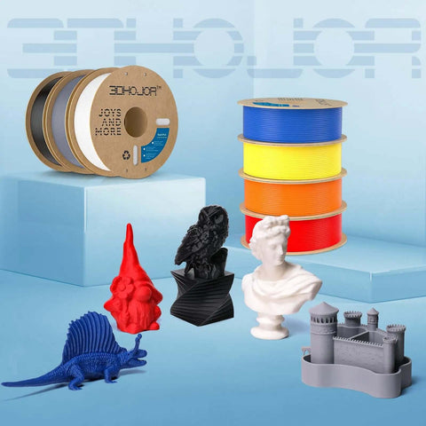 3D printed models and spools showcasing Speedy PLA Filament 1.75mm 1kg Yellow Cardboard Spool For Fast 3D Printing Up To 5X Faster