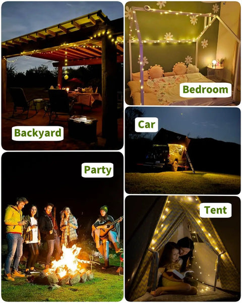 All In One Solar Camping Lantern And String Lights With 150 Warm White LEDs illuminating patio, bedroom, car, party, and tent