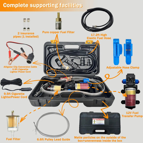 12V Fuel Transfer Pump Set For Gasoline And Diesel, Electric Pump With 70W Copper Motor in case with accessories and lead pipe