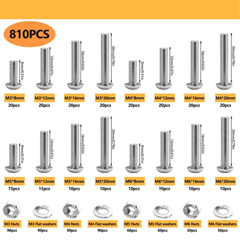 810 Piece 304 Stainless Steel Phillips Pan Head Machine Screw Kit With M3 M4 M5 M6 Bolts Nuts Washers Hex Key Wrenches