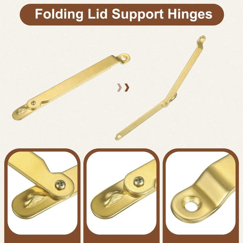 2 Pack Folding Lid Support Hinges 180 Degree Rotatable Brass Lid Stay Hinge For Cabinets Wardrobes Jewelry Boxes Cupboards And Storage Shelves Gold Tone 4.3 By 0.4 Inches
