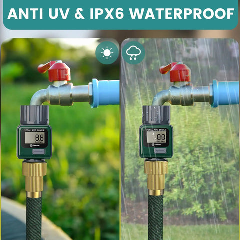 Heavy Duty Garden Hose Water Flow Meter with Brass Inlet and Metal Thread showing IPX6 waterproof feature outdoors