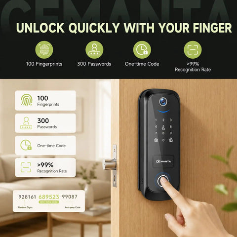 5 In 1 Smart Lock With Built In Camera And Doorbell, Keyless Entry Deadbolt, Wifi Enabled Electronic Lock For Home, Fingerprint Passcode Card Remote App Control, Rock Solid No Stress Security For Daily Grind featuring biometric scanner.