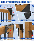 Illustration of Heavy-Duty Galvanized Steel Sliding Gate Kit With One-Piece Safety Lock, Anti-Sag Design for wooden gates.