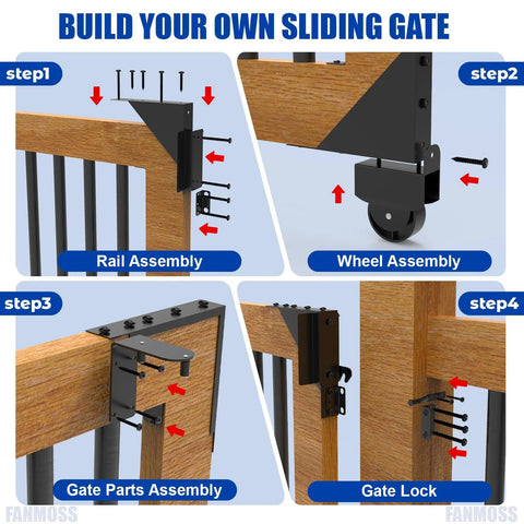 Illustration of Heavy-Duty Galvanized Steel Sliding Gate Kit With One-Piece Safety Lock, Anti-Sag Design for wooden gates.
