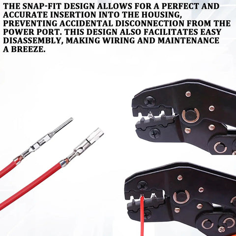 Snap-fit design of crimp tool in 290Pcs Automotive Electrical Wire Terminal Pins Kit With 21 Types Non Insulated Crimp Terminals For 12V Wiring Universal Fit For Cars Trucks SUVs Motorcycles Boats And Marine Applications Includes Male And Female Plug Removal Assortment