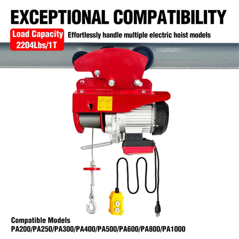 Heavy Duty 6 Wheel Manual Trolley for I-Beam 1 Ton Load, compatible with PA200 to PA1000 Electric Hoist, red cart shown.