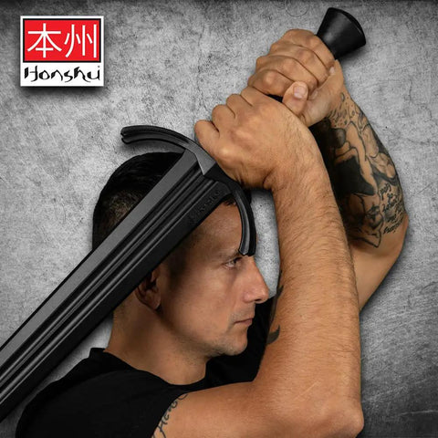 Person holding Premium Polypropylene Training Single Handed Broadsword For Safe Practice Realistic Balance And Weight Durable Mock Sword