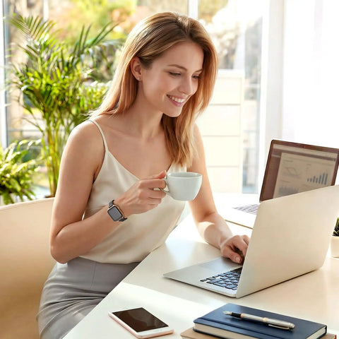Pretty Sweet Slim Leather Band Compatible With Apple Watch For Women worn by a woman at a desk while holding a cup.
