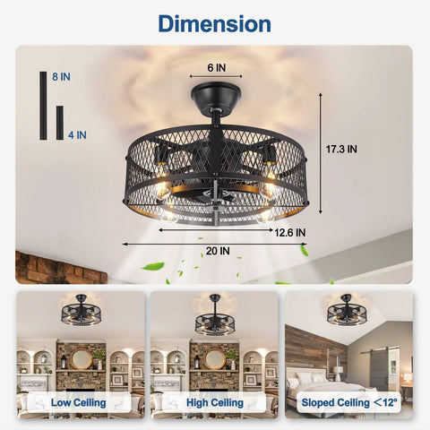 20 Inch Caged Ceiling Fan With Light Remote Dope Industrial Farmhouse Style Black dimensions and installation options