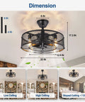 Retractable Blades Ceiling Fan With Lights In Vintage Cage Remote Control Six Speeds And One Two And Four Hour Timers Separate Fan And Light Control Black Finish Ideal For Kitchen Dining Living Room Bulbs Not Included, showing dimensions and ceiling height compatibility.