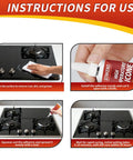 Instructions for High Temp Silicone Sealant Adhesive For Ovens Fireplaces And Microwaves showed in four steps with images of application on gas stove surfaces.