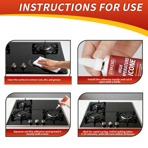 Instructions for High Temp Silicone Sealant Adhesive For Ovens Fireplaces And Microwaves showed in four steps with images of application on gas stove surfaces.
