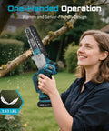 Mini Chainsaw And Electric Pruning Shears Combo For Yard Work used by woman on tree branch
