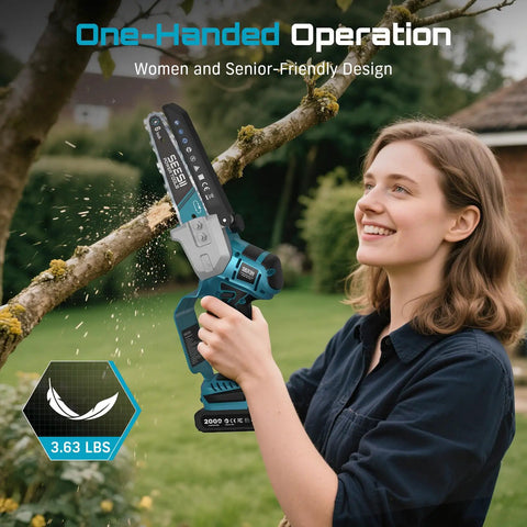 Mini Chainsaw And Electric Pruning Shears Combo For Yard Work used by woman on tree branch