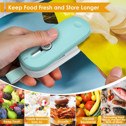 Hand using 2 In 1 Mini Bag Sealer With Cutter And Lanyard to seal yellow snack bag