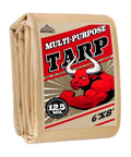 Beige 6x8 Heavy Duty Waterproof Tarp 12.5 Mil Ultra Tough Tear Resistant Poly Cover with label featuring red bull graphic