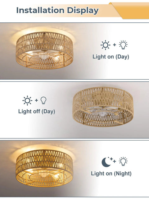 Retro BoHo Flush Mount Ceiling Fan With Open Caged Design And Integrated Warm Led Lighting on display with light effects.