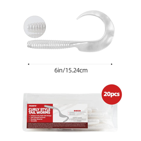 Curly Tail Worm Lures Soft Realistic Wavy Tail Bait Swimbaits For Saltwater And Freshwater Fishing Killer For Bass Trout Crappie And More 6 Inch White 20 Pack