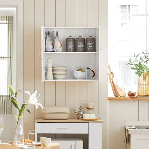Space Saving Wall Cabinet For Bathroom Kitchen And Laundry With Enclosed Doors Adjustable Shelf And Three Height Options Over Toilet Storage White Finish A Versatile Wall Organizer For Home Garage showing open shelving with jars and dishes in a kitchen setting.