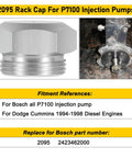 Close-up of a billet aluminum rack cap for P7100 injection pump, part of Adjustable Boost Elbow Controller And Rack Cap Kit For Dodge Cummins 1994-1998 P7100 Injection Pumps, Compatible With Holset HX35W HX40W HY35W Turbos, Diesel Performance Upgrade For More Reliable Boost, next to a P7100 pump model.