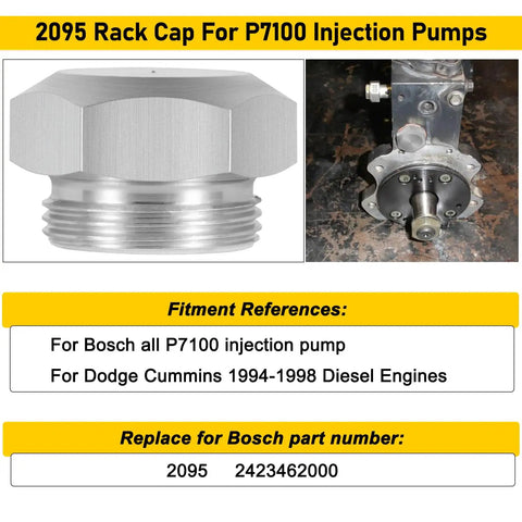 Close-up of a billet aluminum rack cap for P7100 injection pump, part of Adjustable Boost Elbow Controller And Rack Cap Kit For Dodge Cummins 1994-1998 P7100 Injection Pumps, Compatible With Holset HX35W HX40W HY35W Turbos, Diesel Performance Upgrade For More Reliable Boost, next to a P7100 pump model.