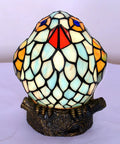Bird Themed Glass Nightstand Lamp With Blue Green Stained Shade, resin base, cute reading bedside light for cozy evenings.
