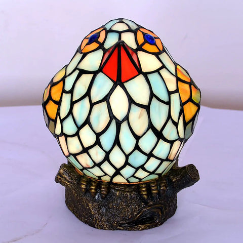 Bird Themed Glass Nightstand Lamp With Blue Green Stained Shade, resin base, cute reading bedside light for cozy evenings.
