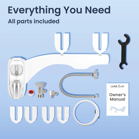 Warm Water Dual Nozzle Non Electric Bidet Attachment For Toilet Seat With 360 Self Clean And EZ Lift To Clean kit components
