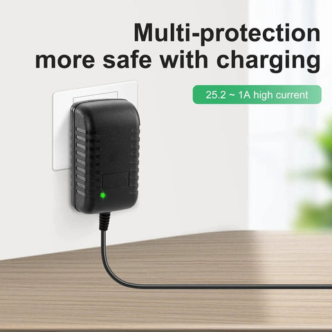 Powerful Massage Gun Charger Cable 24V To 25.2V 1A plugged into outlet, showing multi-protection features on wooden surface