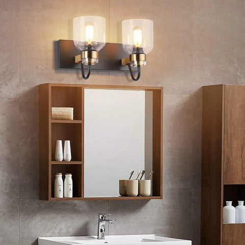 Two Light Bathroom Vanity Lighting Fixture Black And Brushed Gold Farmhouse Style Over Mirror Wall Sconces With Bubble Glass Globes Oil Brushed Bronze Accent Easy Install Durable shown above a bathroom mirror