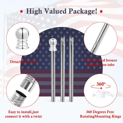 6Ft Outdoor Flag Pole Kit With 360 Degree Anti Wrap Rotating Rings For Porch And Garden Heavy Duty Stainless Steel Fits 3x5 Flags Bracket Not Included Now, showing detachable parts and features