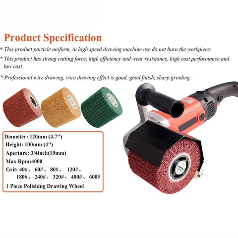 Product Specification for Heavy Duty 120mm Nylon Wire Polishing Wheel With 100x19mm Burnishing Drum Brush for polishing metals.