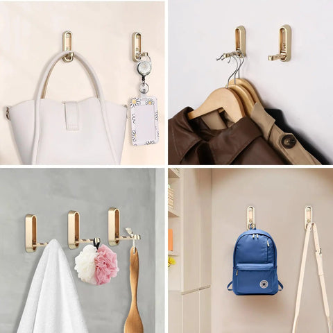 Gold Folding Wall Hooks Set Two Heavy Duty Zinc Alloy Hangers Built Tough To Clear Any Clutter Smoothly Folds Flat When Idle Zero Fuss Setup Simple Space Saver For Holding Coats Towels Robes Bags Keys Daily