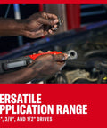 Hands using Cordless Electric Ratchet Wrench With 3/8 And 1/2 Inch Swappable Anvils for versatile applications and drives.