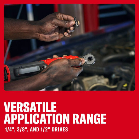 Hands using Cordless Electric Ratchet Wrench With 3/8 And 1/2 Inch Swappable Anvils for versatile applications and drives.
