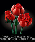 Bouquet Of Realistic Red Roses Buildable Artificial Flower Set For Adults 18 Plus Mindful DIY Home Decor Gift For Her Birthdays Table Centerpiece 10328, three red LEGO-style rose stems in bud, blooming, full bloom