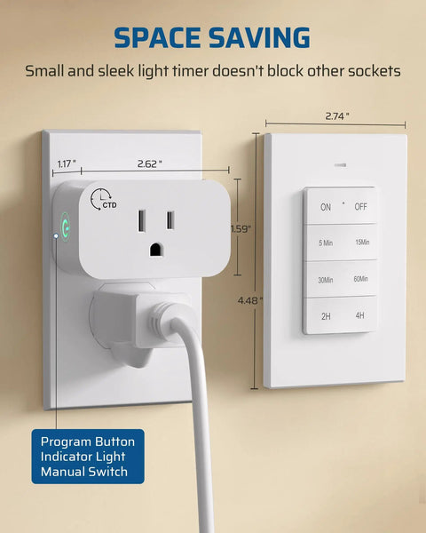 Zero Fuss Remote Control Outlet Timer Featuring Smart Countdown Modes on wall with program button and manual switch, space-saving design.