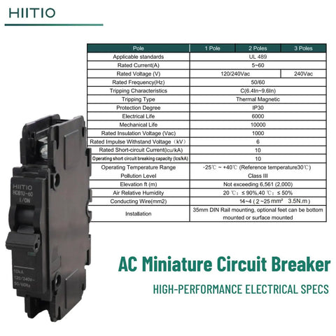 AC Miniature Circuit Breaker 15 Amp 120V 240V 1 Pole DIN Rail Mount 35mm UL489 Listed HCB1U60 MCB with spec sheet