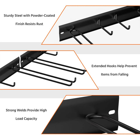 Close-up of Wall Mounted Ski Rack With Extra Boot Hooks, heavy-duty powder-coated steel with extended hooks.