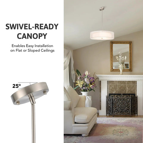 Three Light Drum Pendant Chandelier With Double Fabric Shades In Brushed Nickel 20 Inch Hanging Light Fixture in living room