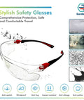 Kick Ass UV Safety Glasses With Wraparound Lens For Work And Sports Ansi Z87.1 Rated clear lens with red black temples, ideal for outdoor use.