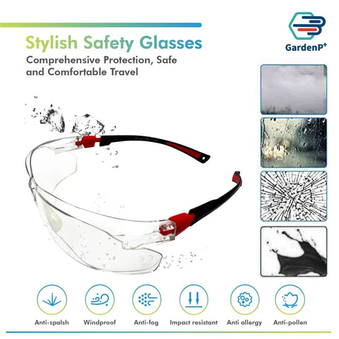 Kick Ass UV Safety Glasses With Wraparound Lens For Work And Sports Ansi Z87.1 Rated clear lens with red black temples, ideal for outdoor use.