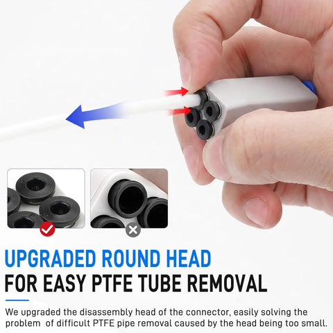 Solid Performer 4 In 1 PTFE Adapter Built For Bambu Lab showing upgraded round head for easy PTFE tube removal.