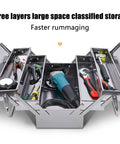 Metal Cantilever Tool Box With Five Trays And Three Layer Folding Design in stainless steel open with tools visible
